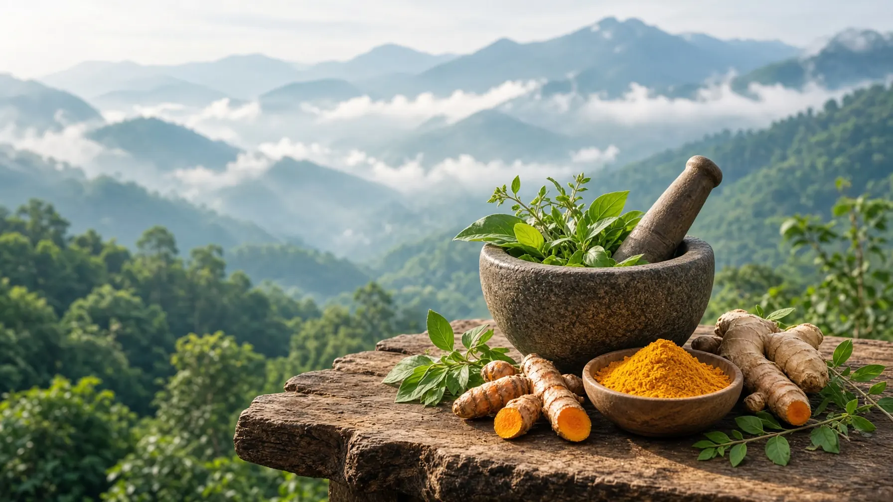 Stone mortar with tulsi, turmeric roots and ginger on a wooden ledge above misty green hills